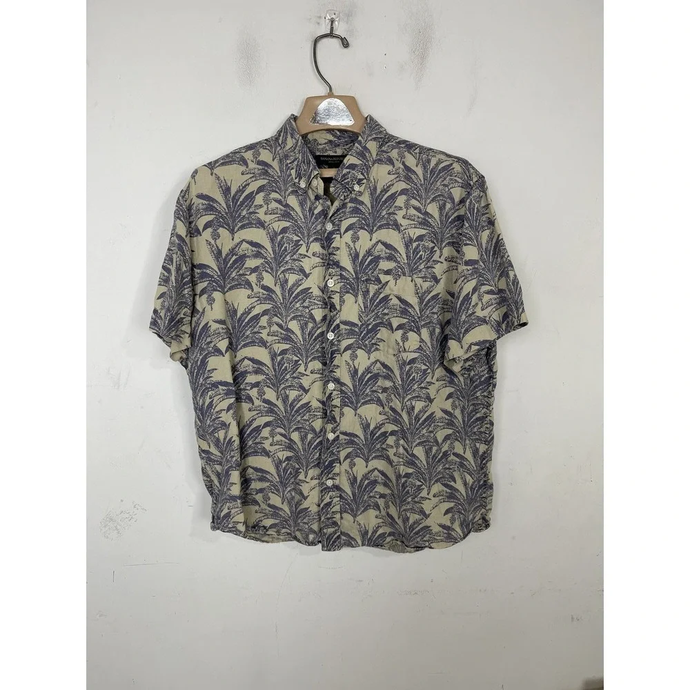 Banana Republic Mens L 100% Linen Short Sleeve Button Up Tropical Shirt